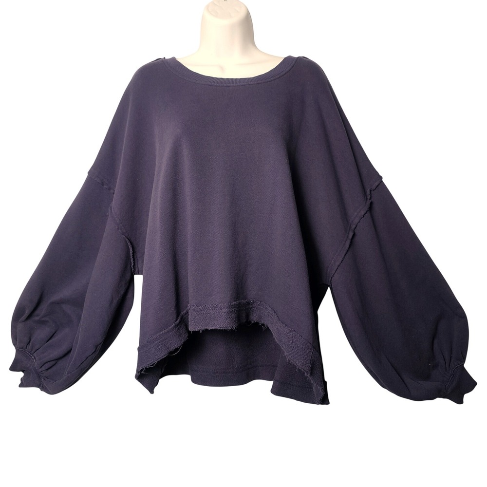 Free People Trish Sweatshirt Raw Hem Balloon Sleeve S Navy Blue Oversized Boho